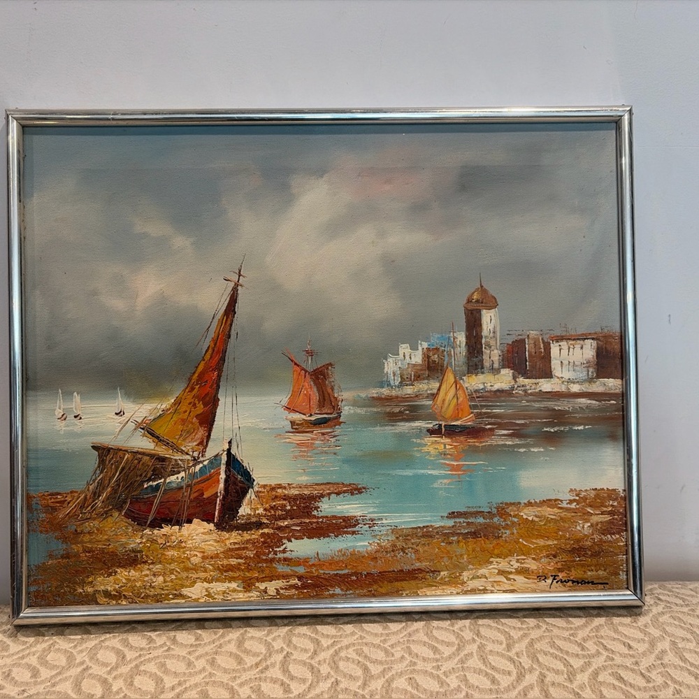 Oil Painting Sailboats Nautical Shoreline Moody Artist Signed Silver Frame